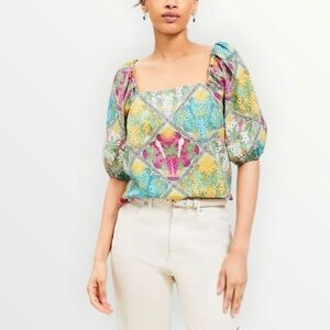 LOFT XL Puff Sleeve Square Neck Top Tropical Print Multicolor Boho Blouse Cotton